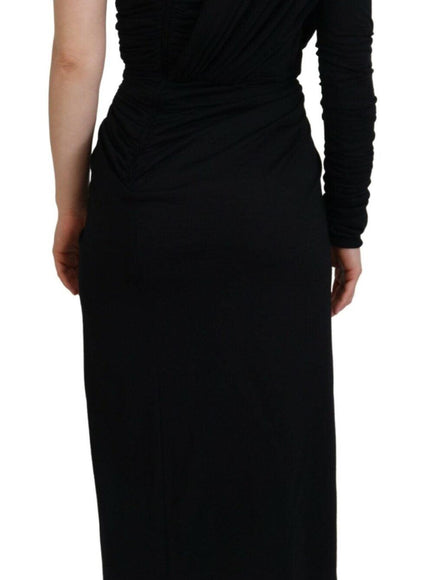 Dolce & Gabbana Black Wrap Sheath One Shoulder Wool Dress