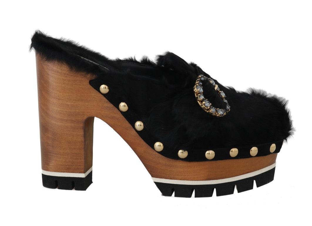 Dolce & Gabbana Black Xiangao Fur Crystal Mules - Ellie Belle