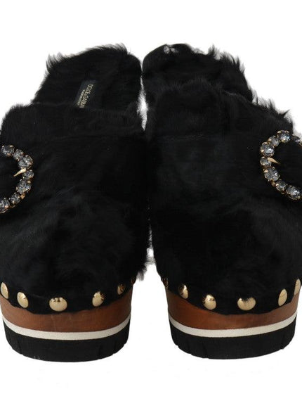 Dolce & Gabbana Black Xiangao Fur Crystal Mules - Ellie Belle