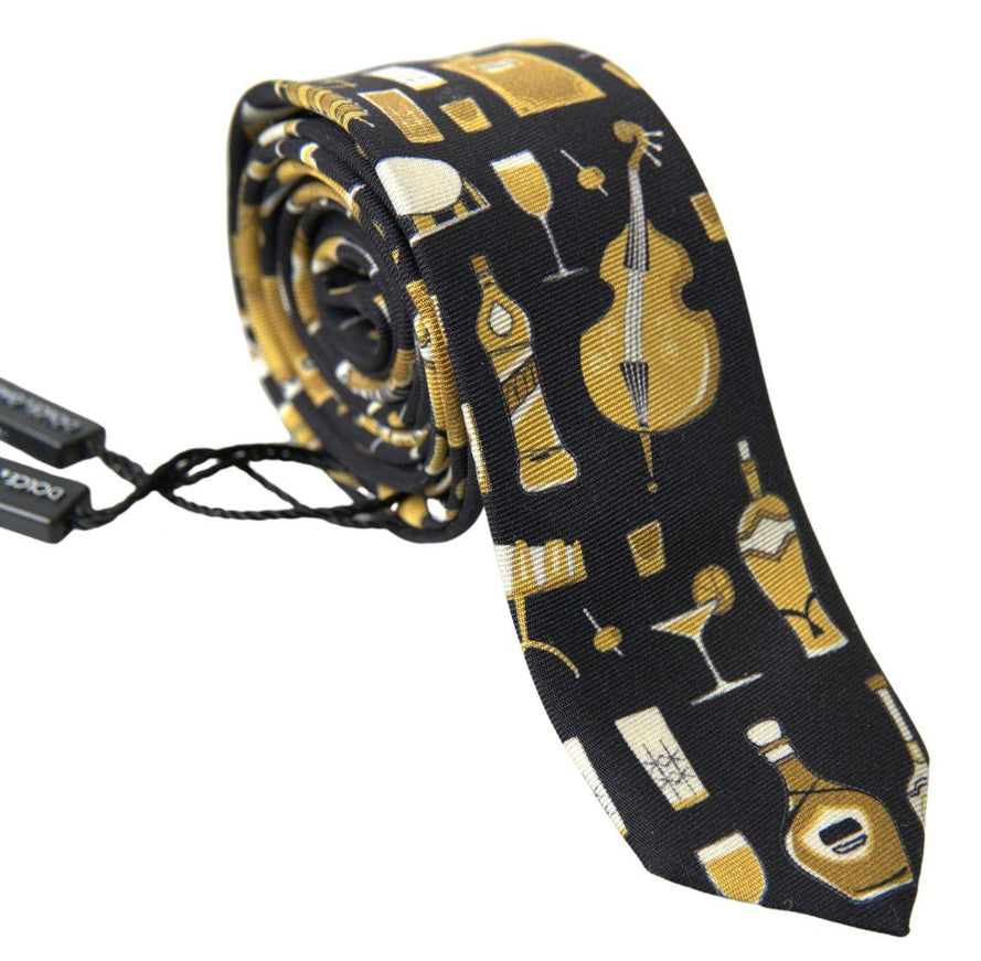 Dolce & Gabbana Black Yellow Musical Instrument Print Necktie Tie - Ellie Belle