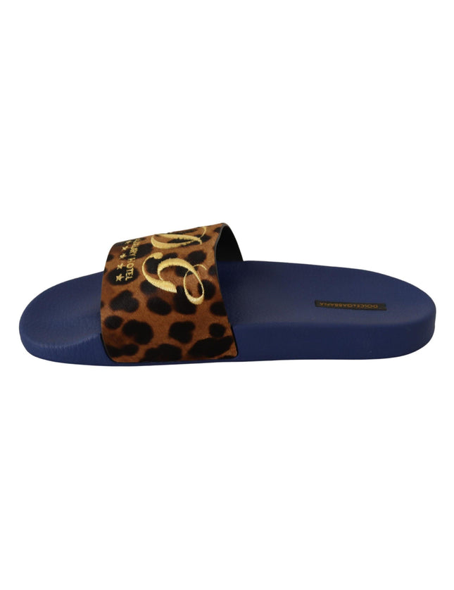 Dolce & Gabbana Blue Brown Leopard Logo Rubber Slides Slippers Shoes - Ellie Belle