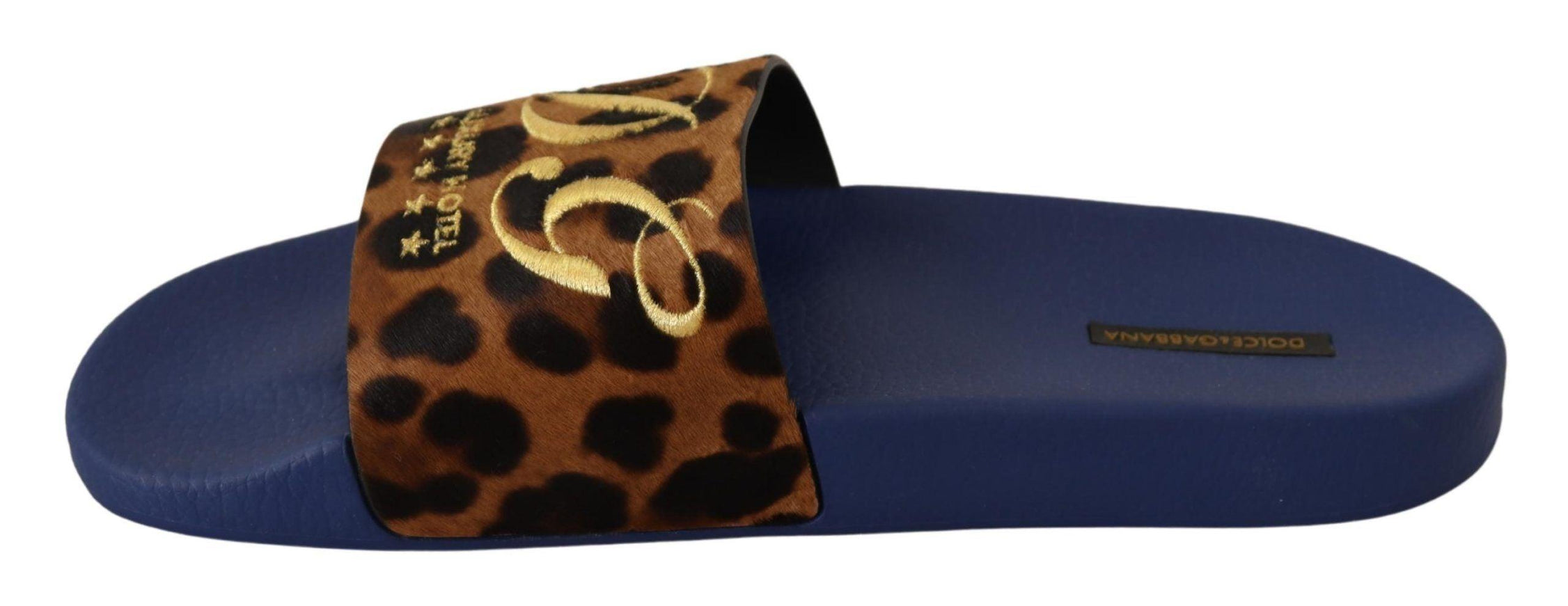 Dolce & Gabbana Blue Brown Leopard Logo Rubber Slides Slippers Shoes - Ellie Belle