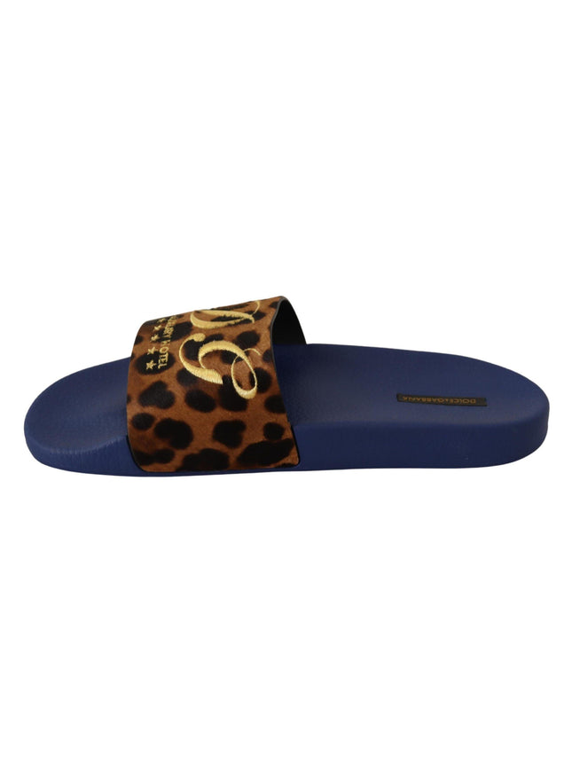 Dolce & Gabbana Blue Brown Leopard Logo Rubber Slides Slippers Shoes - Ellie Belle