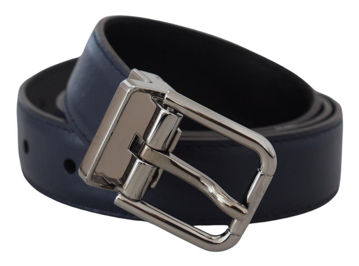 Dolce & Gabbana Blue Calf Leather Silver Tone Metal Buckle Belt - Ellie Belle