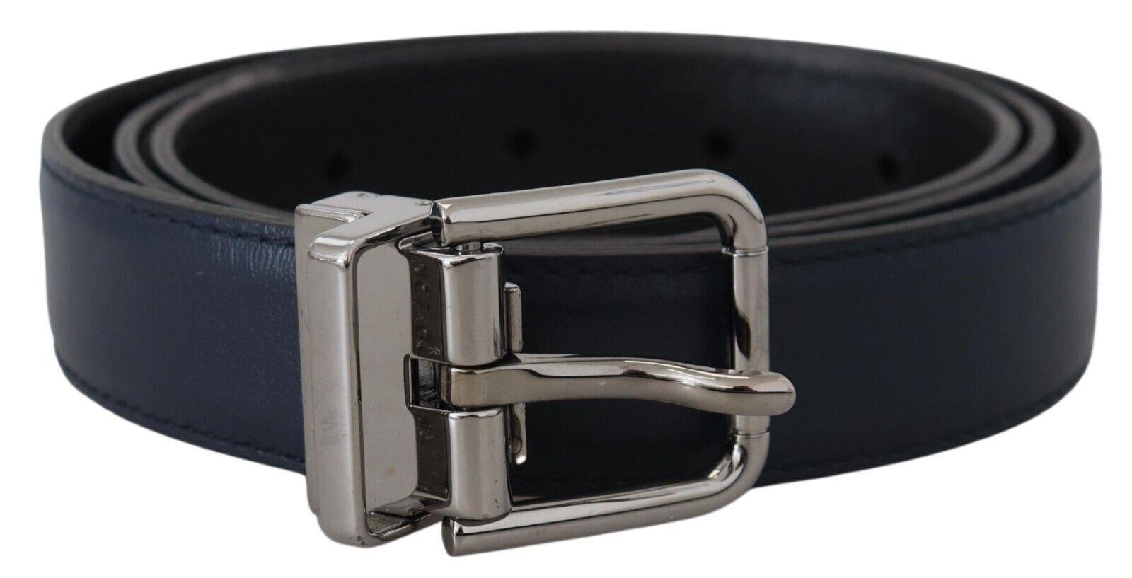 Dolce & Gabbana Blue Calf Leather Silver Tone Metal Buckle Belt - Ellie Belle