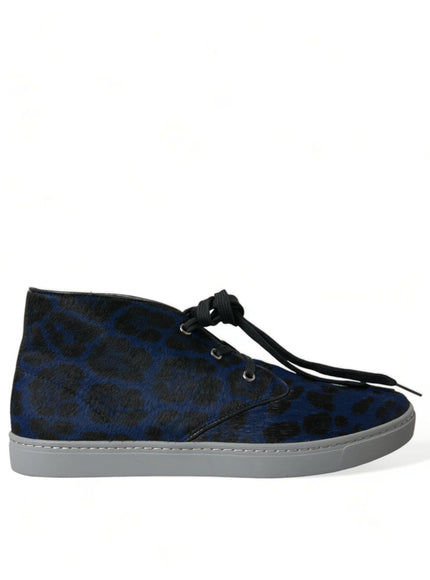 Dolce & Gabbana Blue Calfskin Leopard Mid Top Sneakers Shoes