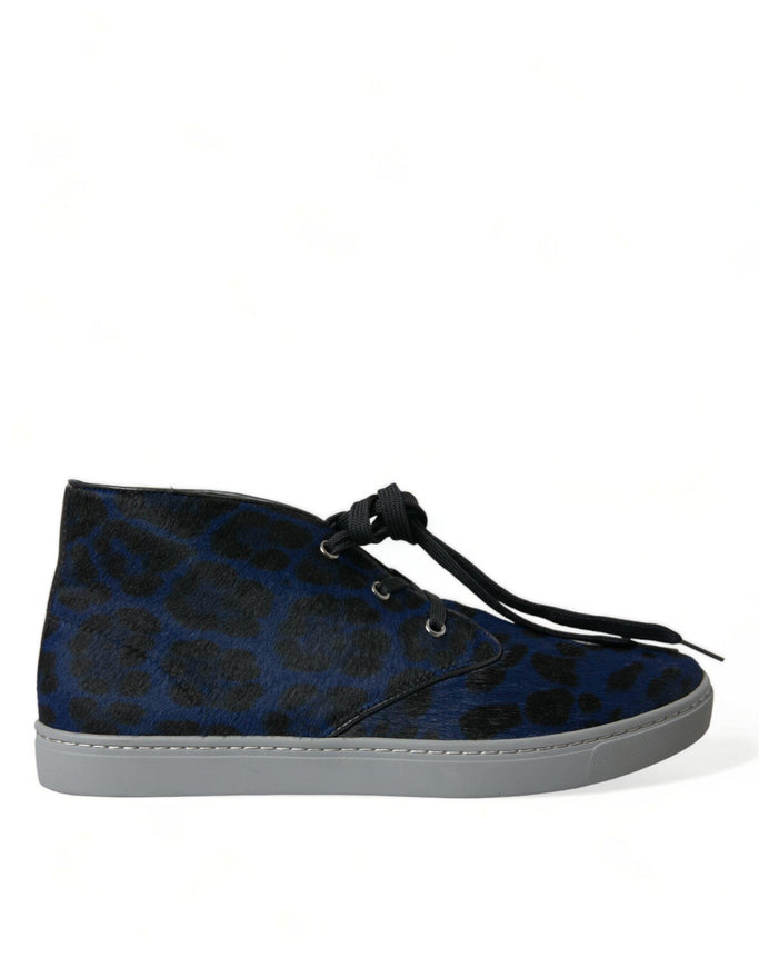 Dolce & Gabbana Blue Calfskin Leopard Mid Top Sneakers Shoes - Ellie Belle