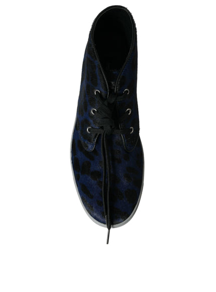 Dolce & Gabbana Blue Calfskin Leopard Mid Top Sneakers Shoes