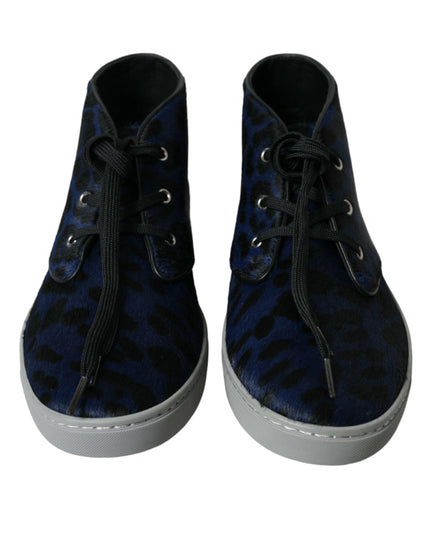Dolce & Gabbana Blue Calfskin Leopard Mid Top Sneakers Shoes - Ellie Belle