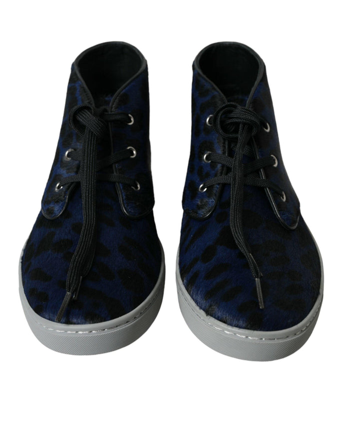 Dolce & Gabbana Blue Calfskin Leopard Mid Top Sneakers Shoes - Ellie Belle