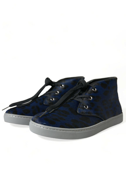 Dolce & Gabbana Blue Calfskin Leopard Mid Top Sneakers Shoes