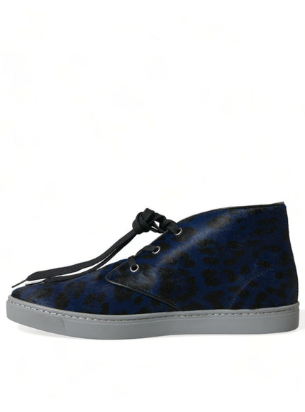 Dolce & Gabbana Blue Calfskin Leopard Mid Top Sneakers Shoes
