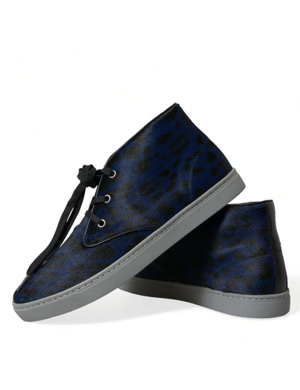 Dolce & Gabbana Blue Calfskin Leopard Mid Top Sneakers Shoes - Ellie Belle