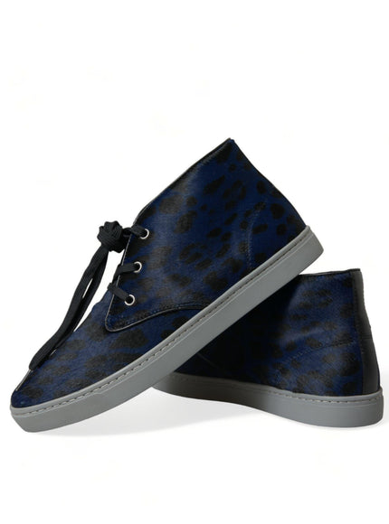 Dolce & Gabbana Blue Calfskin Leopard Mid Top Sneakers Shoes