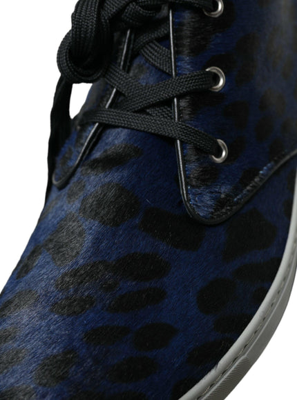 Dolce & Gabbana Blue Calfskin Leopard Mid Top Sneakers Shoes