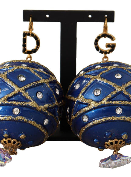 Dolce & Gabbana Blue Christmas Ball Crystal Hook Gold Brass Earrings - Ellie Belle
