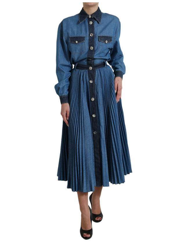 Dolce & Gabbana Blue Collared Denim Pleated A-line Midi Dress - Ellie Belle