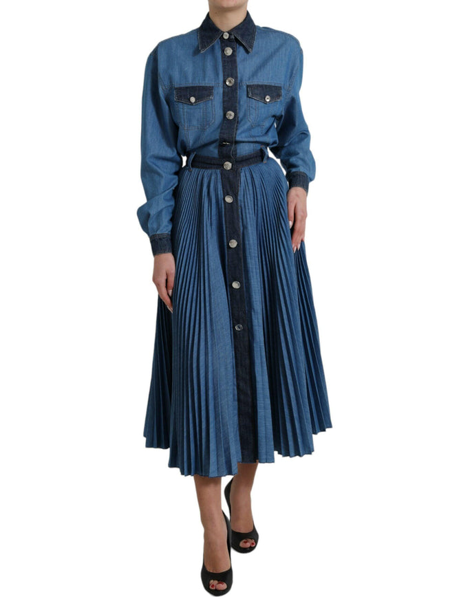 Dolce & Gabbana Blue Collared Denim Pleated A-line Midi Dress - Ellie Belle