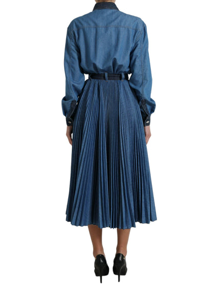 Dolce & Gabbana Blue Collared Denim Pleated A-line Midi Dress - Ellie Belle