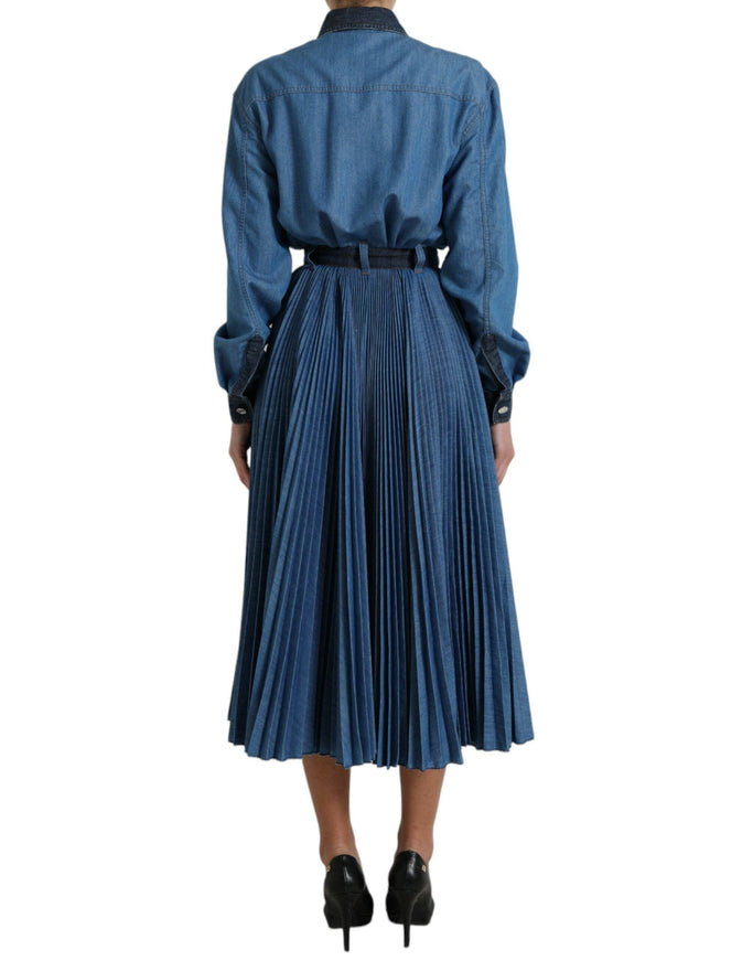 Dolce & Gabbana Blue Collared Denim Pleated A-line Midi Dress - Ellie Belle