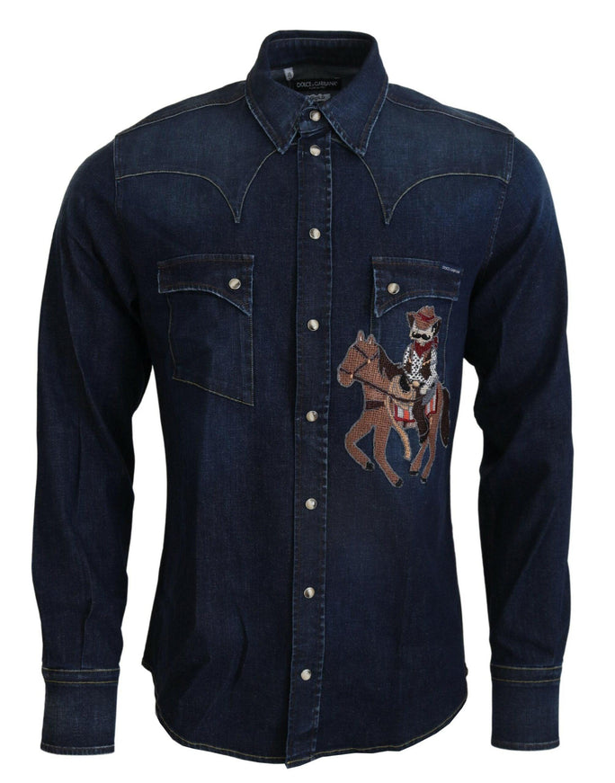 Dolce & Gabbana Blue Cotton Mens Long Sleeves Denim Shirt - Ellie Belle