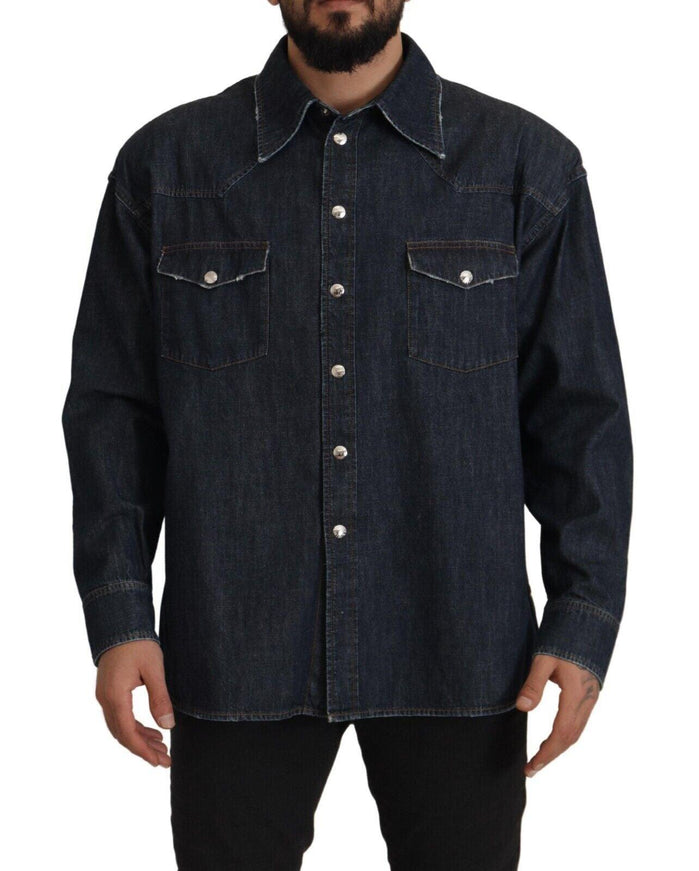 Dolce & Gabbana Blue Cotton Stretch Button Down Denim Shirt - Ellie Belle