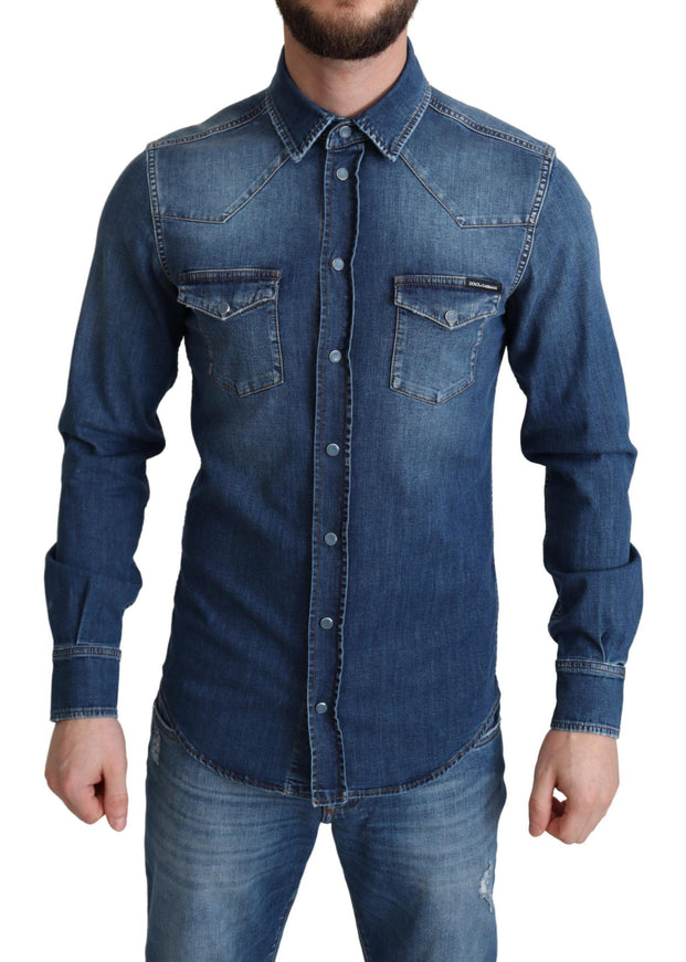 Dolce & Gabbana Blue Cotton Stretch Long Sleeves Denim Shirt - Ellie Belle