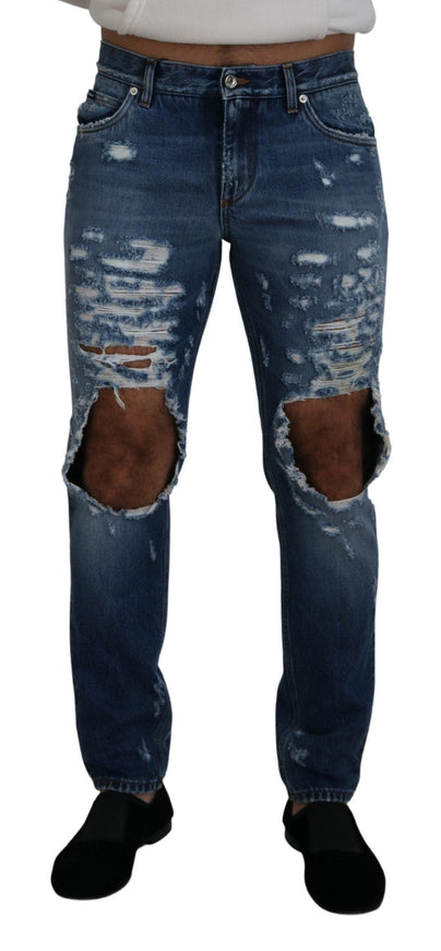 Dolce & Gabbana Blue Cotton Tattered Men Denim Jeans - Ellie Belle