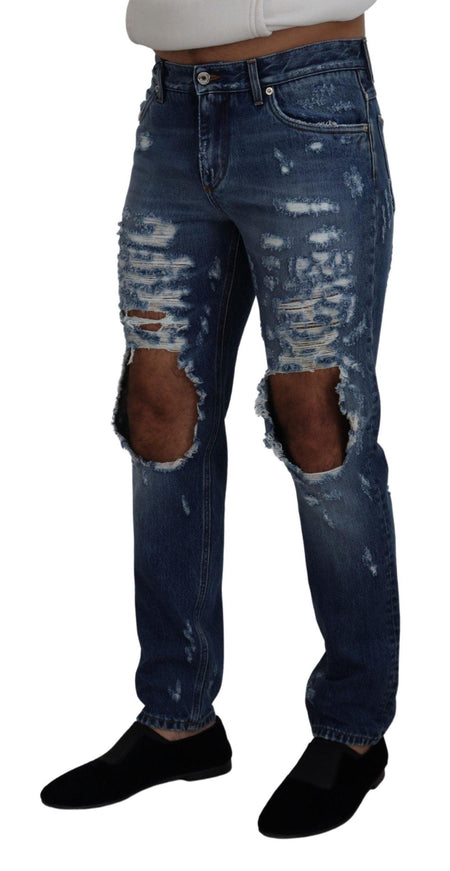 Dolce & Gabbana Blue Cotton Tattered Men Denim Jeans - Ellie Belle