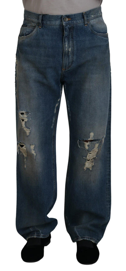 Dolce & Gabbana Blue Cotton Tattered Straight Fit Denim Jeans - Ellie Belle