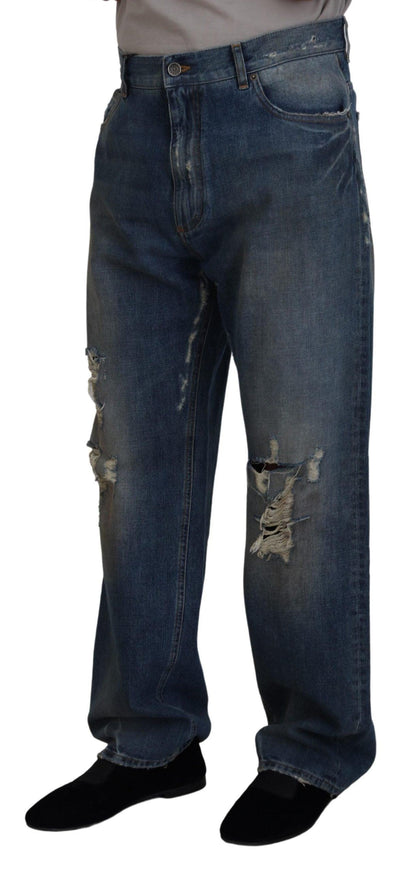 Dolce & Gabbana Blue Cotton Tattered Straight Fit Denim Jeans - Ellie Belle