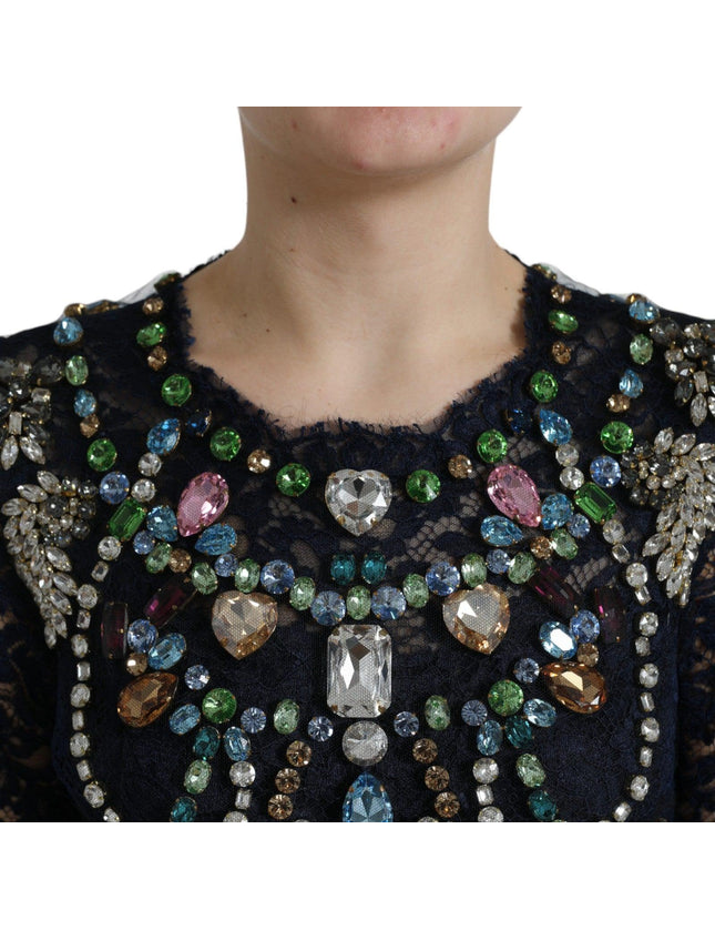 Dolce & Gabbana Blue Crystal Floral Lace Long Gown Dress - Ellie Belle