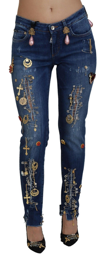 Dolce & Gabbana Blue Crystal Pins Slim Fit Denim Cotton Jeans - Ellie Belle