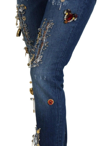 Dolce & Gabbana Blue Crystal Pins Slim Fit Denim Cotton Jeans - Ellie Belle