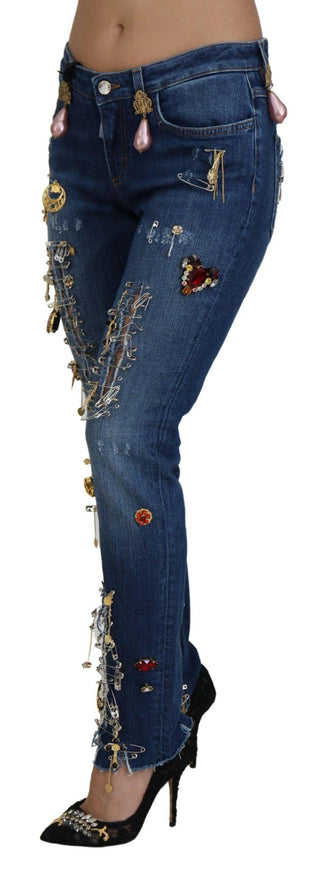 Dolce & Gabbana Blue Crystal Pins Slim Fit Denim Cotton Jeans - Ellie Belle