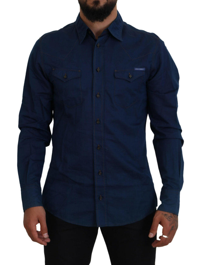 Dolce & Gabbana Blue Denim Cotton Slim Fit GOLD Shirt - Ellie Belle