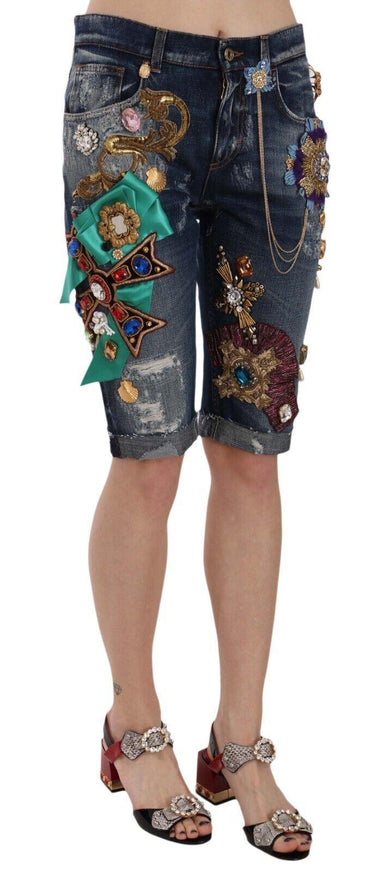 Dolce & Gabbana Blue Denim Mid Waist Crystal Capri Shorts - Ellie Belle