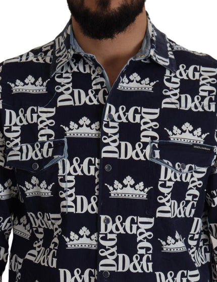 Dolce & Gabbana Blue Denim Stretch DG Crown Logo Casual Shirt - Ellie Belle