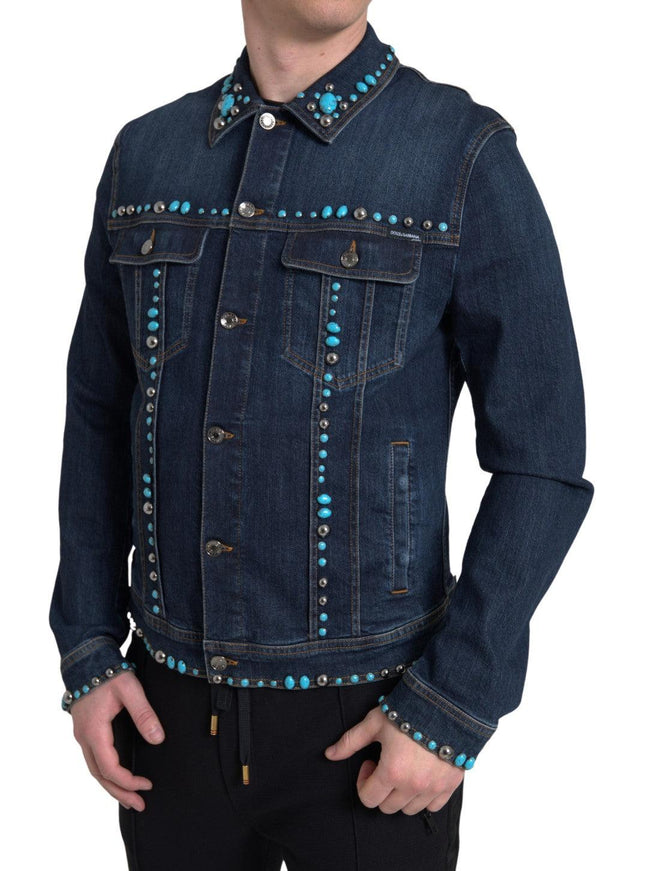 Dolce & Gabbana Blue Denim Turquoise Stones Studded Jacket - Ellie Belle