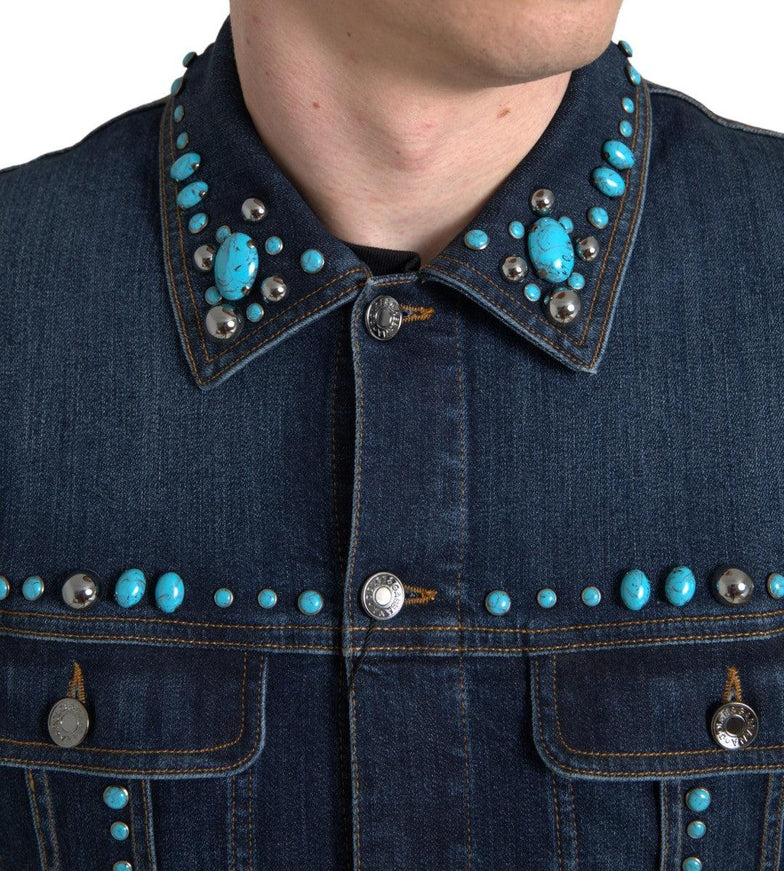 Dolce & Gabbana Blue Denim Turquoise Stones Studded Jacket - Ellie Belle