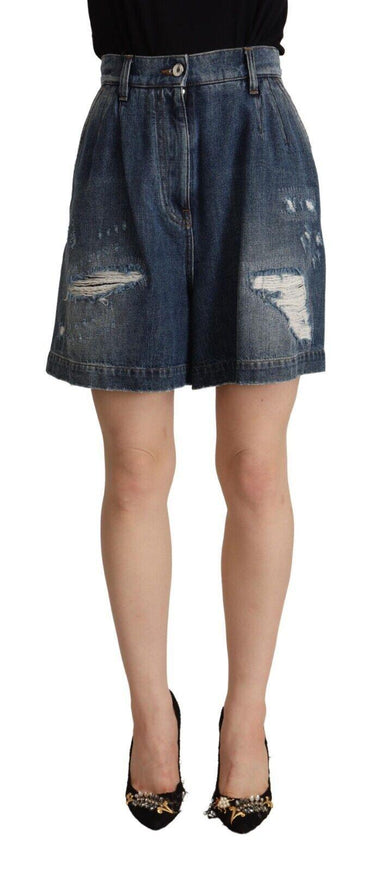 Dolce & Gabbana Blue Distressed Cotton High Waist Bermuda Shorts - Ellie Belle