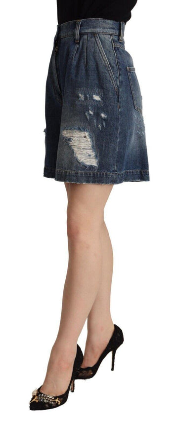 Dolce & Gabbana Blue Distressed Cotton High Waist Bermuda Shorts - Ellie Belle