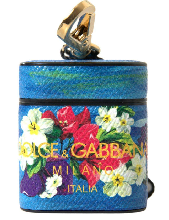 Dolce & Gabbana Blue Floral Dauphine Leather Logo Printed Airpods Case - Ellie Belle