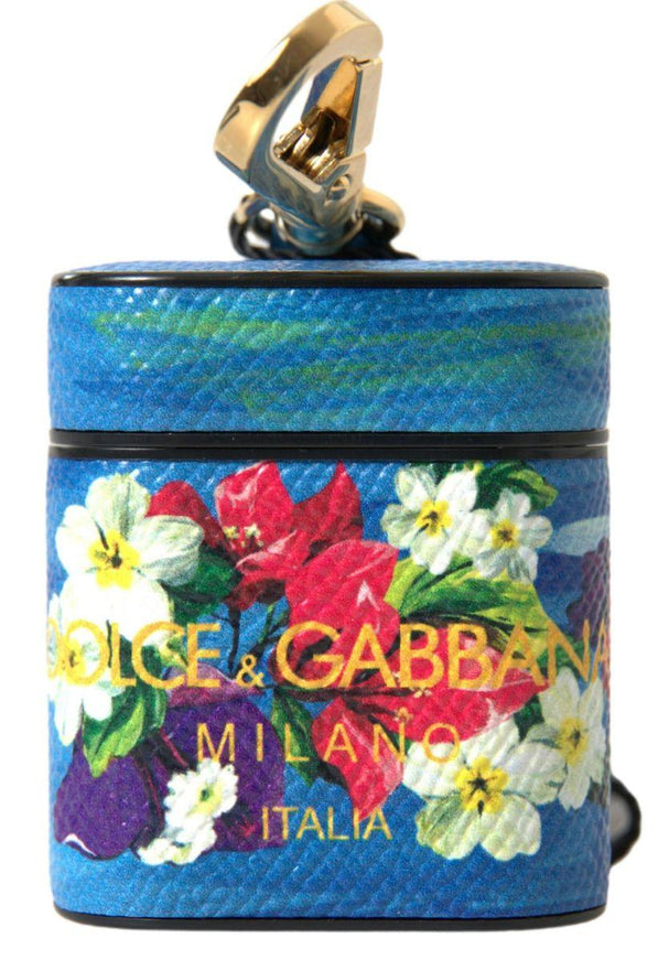 Dolce & Gabbana Blue Floral Dauphine Leather Logo Printed Airpods Case - Ellie Belle