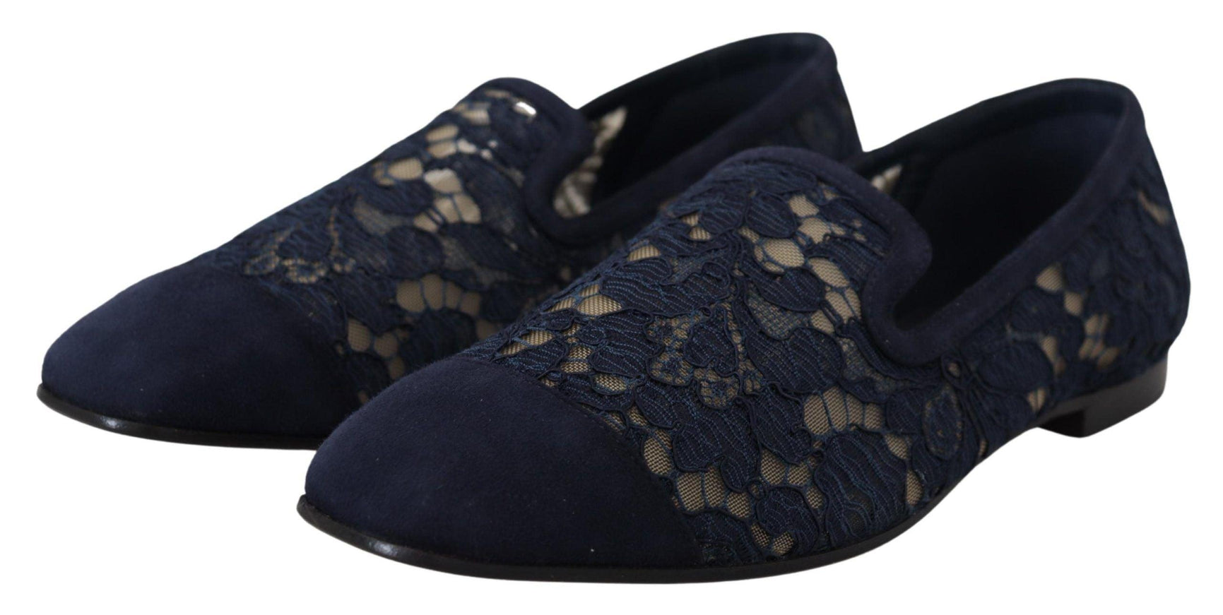 Dolce & Gabbana Blue Floral Lace Slip Ons Loafers Flats Shoes - Ellie Belle