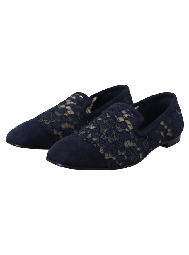 Dolce & Gabbana Blue Floral Lace Slip Ons Loafers Flats Shoes - Ellie Belle