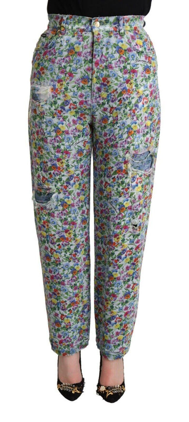 Dolce & Gabbana Blue Floral Print High Waist Denim Tapered Jeans - Ellie Belle