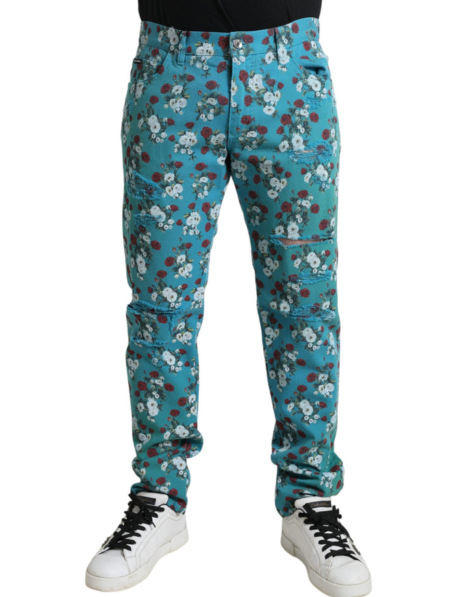 Dolce & Gabbana Blue Floral Print Skinny Cotton Denim Pants - Ellie Belle