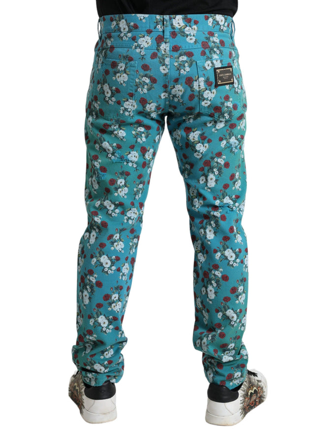 Dolce & Gabbana Blue Floral Print Skinny Cotton Denim Pants - Ellie Belle