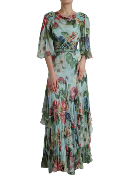 Dolce & Gabbana Blue Floral Print Tiered Long Maxi Dress - Ellie Belle